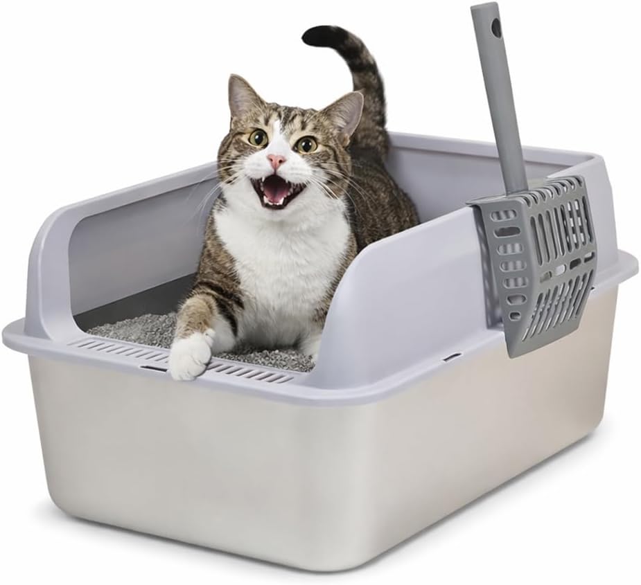 Stainless steel cat litter box with Scoop, Anti-splash design, Grid design, Non-stick, and Odor resistant, Open top kitty toilet for Indoor cats & kittens, Easy to clean