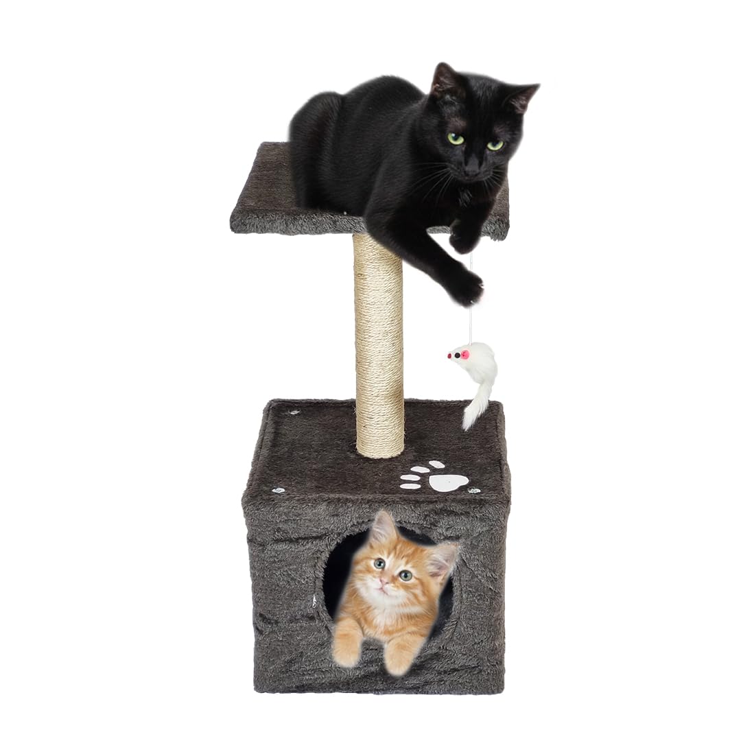 Modern cat tower with Hideaway cave and Hanging ball, Space saving design, Easy to fix and Portable, 59 cm Cat activity tree with Scratching pole, Protect furniture for Indoor cats and kittens