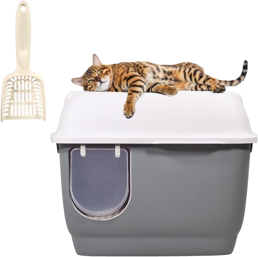 Fully-enclosed cat litter box with Corridor entry & exit, Transparent door, Litter scoop, and Open-top design, Splash-proof cat toilet for Indoor cats & kittens, Easy to clean 57 cm