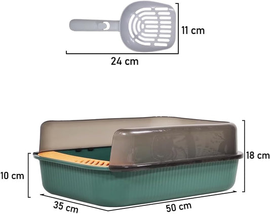 Cat litter box for medium to large cats, Durable plastic cat litter box with Raised fence, Sand filter holes, and Litter scoop, Leak-proof cat toilet, Ideal for indoor/outdoor 35 cm (Green)