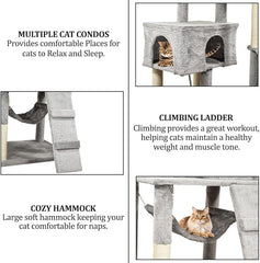 Cat Tree for Large Cats with Toy - Cat House with Padded Perch - Cozy Cat Condos & Scratching Posts - Premium Quality Multi-level Cat Tower for Indoor Cats & Kittens (Grey)