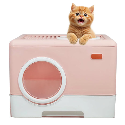 Fully enclosed cat litter box with Front entry & Top exit, Drawer-type, Litter scoop, and Sand filter holes, Odor-proof cat toilet for Indoor/Outdoor use, Easy to clean, 52 cm (Pink)