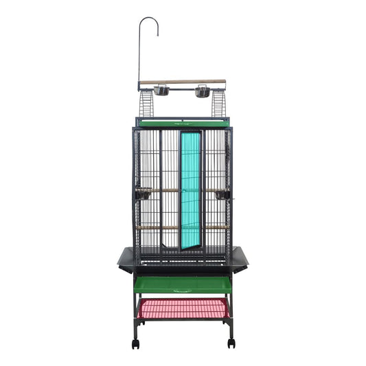 Parrot cage with Play top, Rolling stand, Mesh shelf and Pull-out tray, 205 cm Bird villa with Feeding bowls, Indoor-outdoor cage, Wooden perches and Hanging toy, Universal wheels (Black)