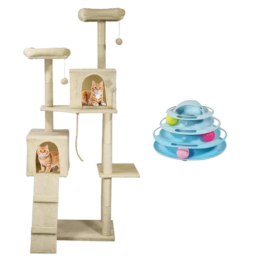 Multi-level cat tree with Cat turntable toy, Padded perch, Dangling ball, Sisal scratching post, Double cat condos, and Climbing ladder, Sturdy cat tree tower for Indoor cats, 180 cm (Beige)