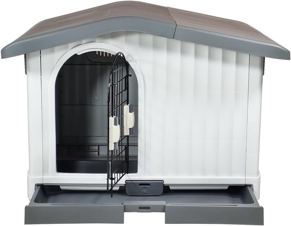Plastic dog house for small to medium-sized Dogs, Durable PP Material dog house with Liftable Roof, Air vents, and Removable tray, Easy clean & Quick assembly for Indoor & Outdoor 88 cm
