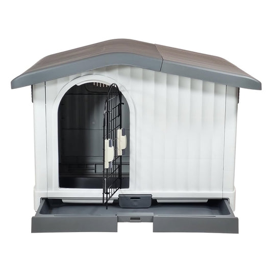 Plastic dog house with Liftable Roof, Ventilation holes, Lockable door, and Slide-out door, Weather-resistant Indoor/Outdoor pet shelter for small to medium breeds, Easy to assemble 88 cm (Grey)