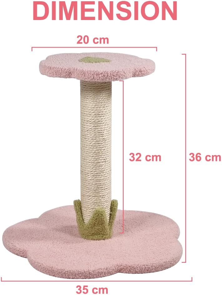 Cat tree scratcher for small cats & kittens, Cat tree activity center with Flower design perch, Natural sisal scratching post, and Sturdy wooden base, Ideal for indoor use, Easy assembly 36 cm (Pink)