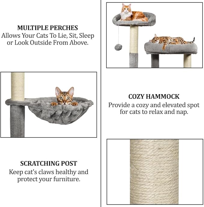 Cat Tree for Large Cats with Toy - Cat House with Padded Perch - Cozy Cat Condos & Scratching Posts - Premium Quality Multi-level Cat Tower for Indoor Cats & Kittens (Grey)