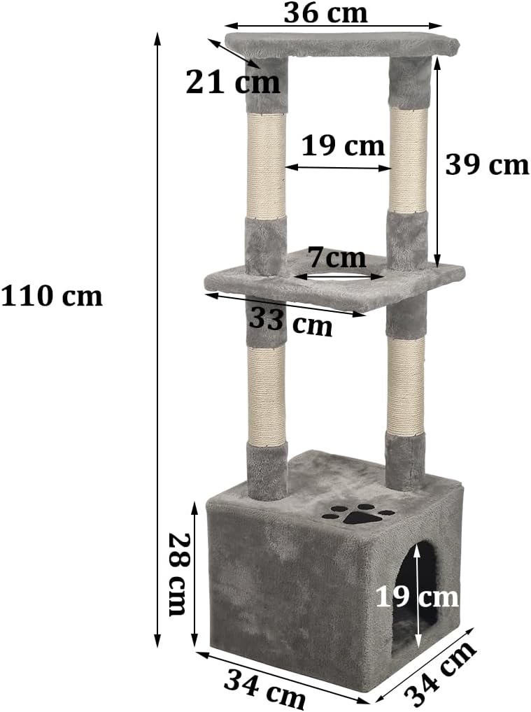 Cat tree scratching post for indoor cats & kittens, Durable cat tree climbing frame with Perch, Natural sisal scratching post, and Spacious cat condo, Easy to assemble 110 cm (Grey)