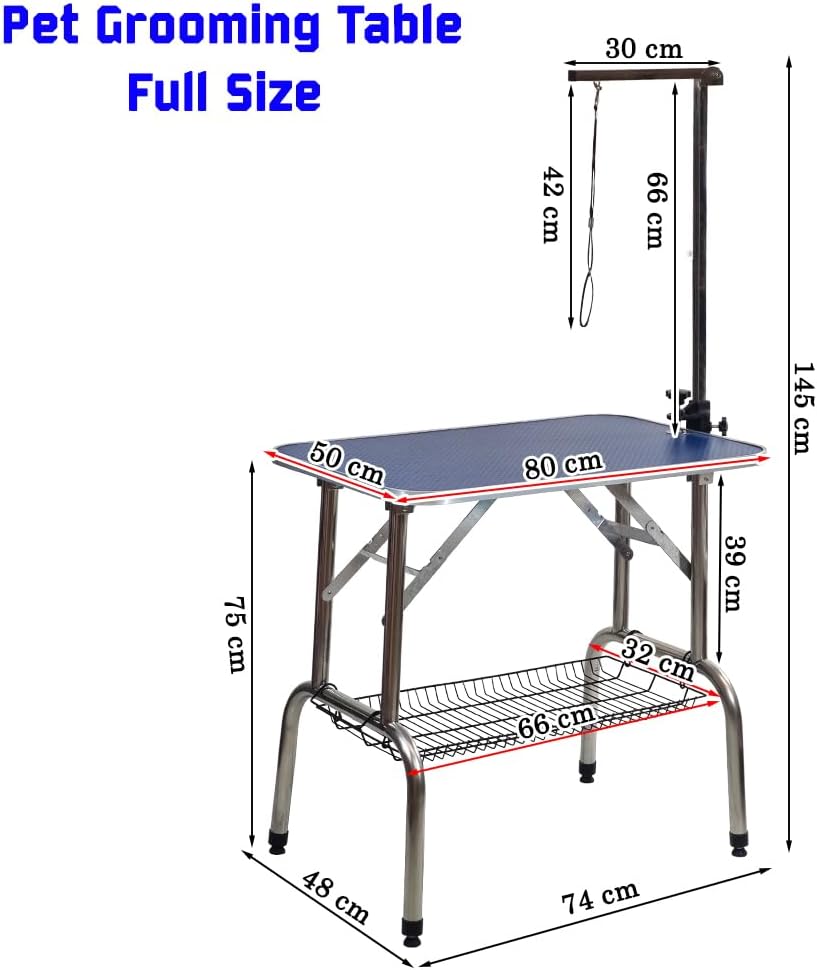 Foldable Pet Grooming Table with Non-slip surface, Folding crossbeams, and Portable, Beauty station for small to medium pet, Space saving design, Storage Basket, Adjustable Arm & Noose, 145 cm (Blue)