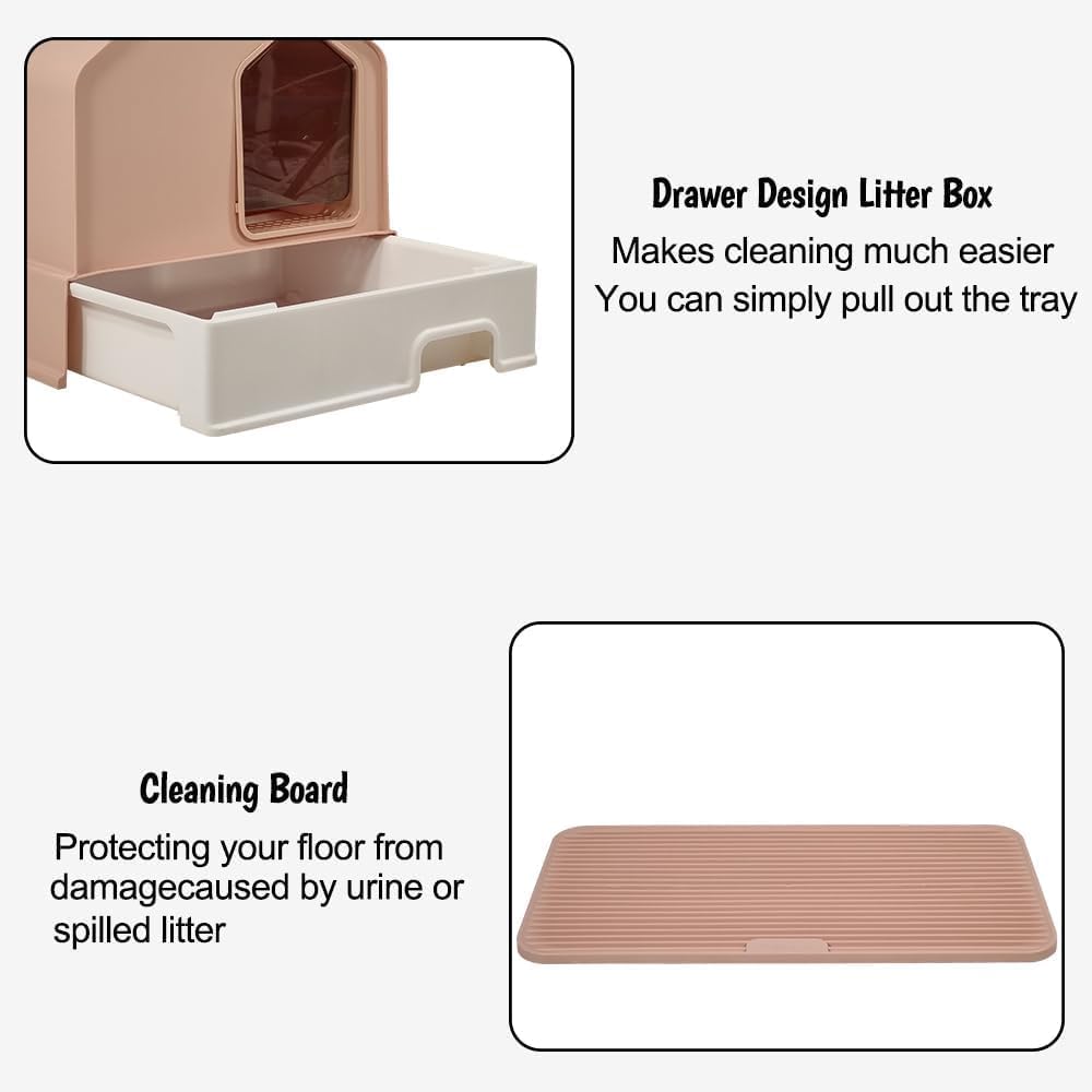 Cat Litter Box with House-Shaped Design - Drawer-Type, Transparent Door, Enclosed Cat Litter Scoop & Cleaning Mat – Splash-Proof & Odor-Control Cat Toilet Box, Easy to Clean