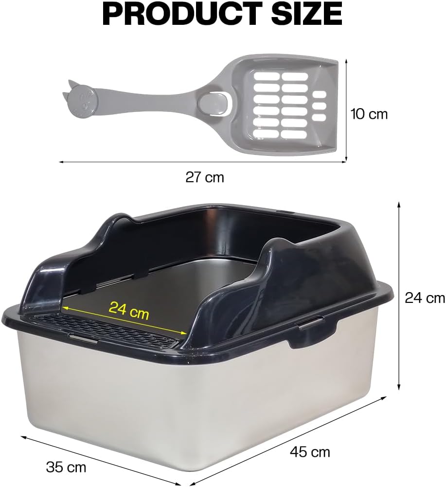 Stainless steel cat litter box with Scoop, Anti-splash design, Grid design, Non-stick, and Odor resistant, Open top kitty toilet for Indoor cats & kittens, Easy to clean
