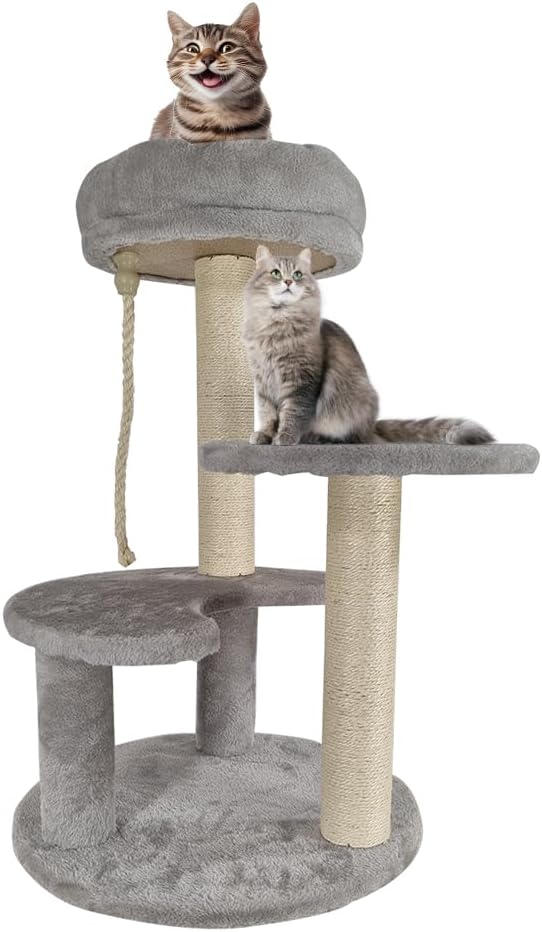 Cat tree with Soft padded perch, Playing rope, and Natural sisal scratching post, Durable cat tree climbing frame for cats & kittens, Suitable for indoor use, Easy to assemble 66 cm (Grey)