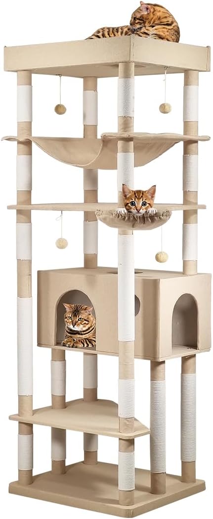 Tall Cat Tree Tower with Large Top Perch - Dangling Ball, Cozy Hammocks, Cat Scratching Posts and Durable Cat Condo - 195 cm Cat Activity Center for Climbing & Playing (Khaki)