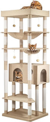 Tall Cat Tree Tower with Large Top Perch - Dangling Ball, Cozy Hammocks, Cat Scratching Posts and Durable Cat Condo - 195 cm Cat Activity Center for Climbing & Playing (Khaki)