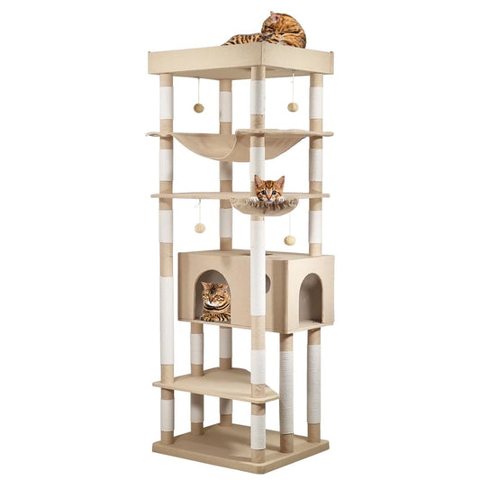 Multi-level cat tree tower for Large cats, Cat climbing frame with Large perch, Cozy hammock, Hanging balls, and Spacious cat condo, Suitable for Indoor Play & Relaxation, 195 cm (Khaki)