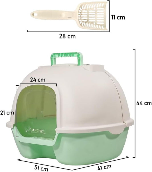 Cat litter box with Portable handle, Deodorant filter, Transparent door, Sand drop pedal, and Litter scoop, Fully enclosed cat toilet for indoor cats & kittens, Easy to clean 51 cm (Green)