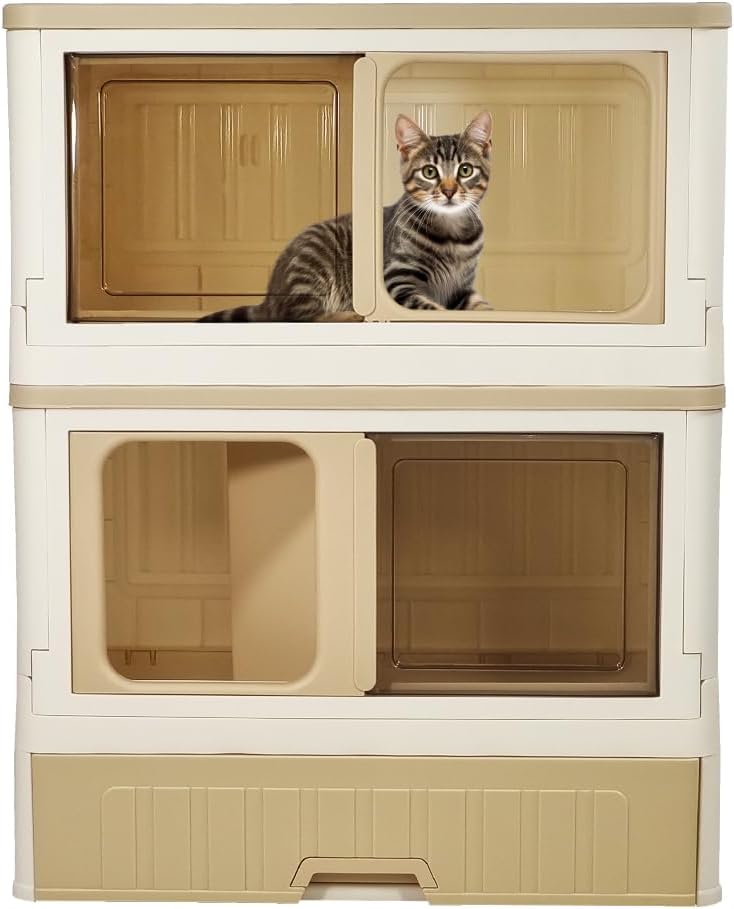 Cat cabinet, Durable 3-layer cat combination litter box with Storage area, Sleeping area, Cat toilet, and Rolling wheels, Durable plastic cat litter box, Ideal for indoor/outdoor use 115 cm