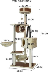 Multi-level cat tree tower with Perch, Dangling ball, Sisal scratching post, Cat tunnel, Cozy hammock, Durable cat condo, and Large hammock, Cat tree activity center for indoor cats 156 cm (Beige)