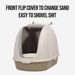 Fully-enclosed cat litter box with Portable handel, Flip cover entrance, Litter scoop, and Detachable design, Durable plastic cat toilet, Ideal for indoor/outdoor use, Easy to clean 38 cm
