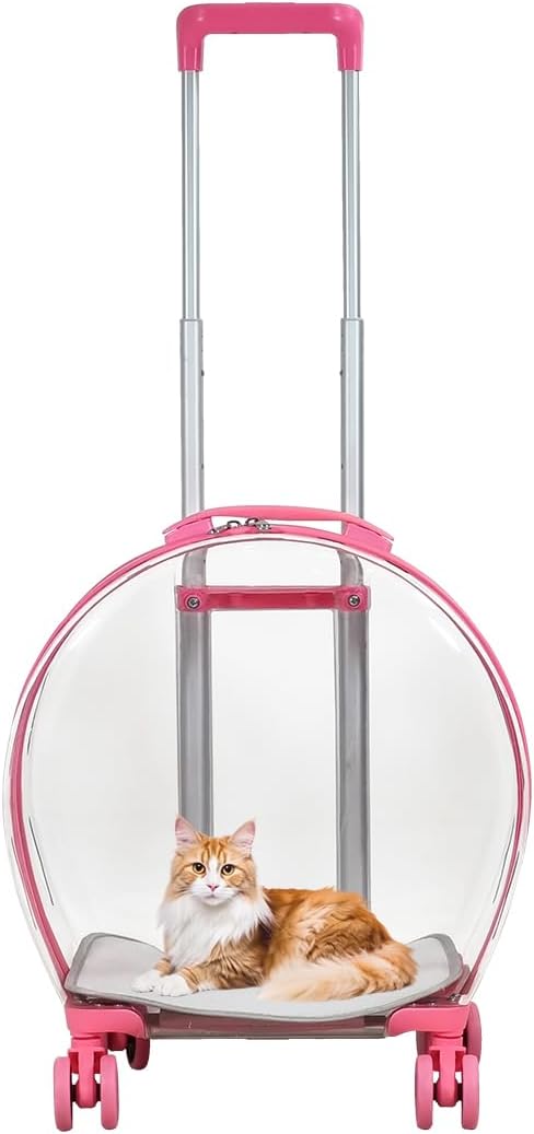 Transparent pet carrier for cats and dogs, Pet stroller with Telescopic handle, Durable zipper, Ventilation holes, and Rolling wheels, Suitable for outdoor activities, 93 cm