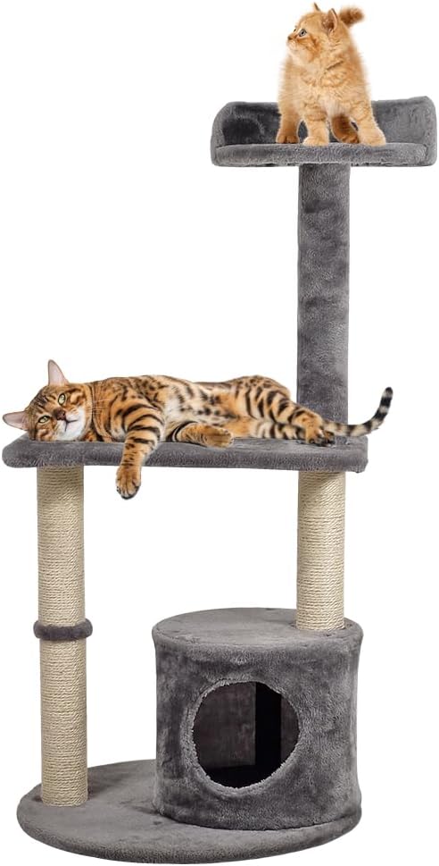 Cat tree activity center with Curved perch, Sisal scratching post, and Cozy cat condo, Durable cat tree tower for indoor cats, Multi-functional feline tower, Easy assembly 102 cm (Grey)