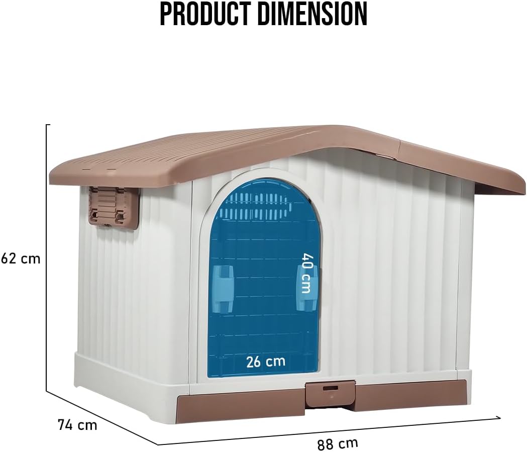Plastic dog house for small to medium-sized Dogs, Durable PP Material dog house with Liftable Roof, Air vents, and Removable tray, Easy clean & Quick assembly for Indoor & Outdoor 88 cm