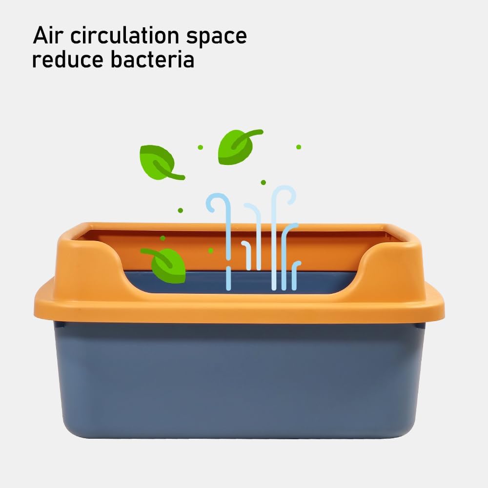 Semi-enclosed cat litter box with Low entrance, Raised fence, Portable handle, and Litter scoop, Durable plastic cat toilet prevents splashing, Ideal for indoor cats & kittens 48 cm (Blue)