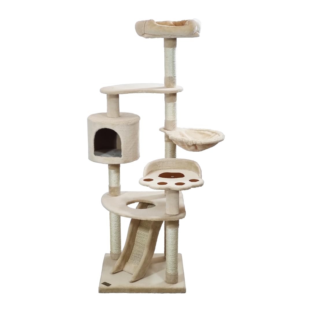 Cat Tree for Big Cats with Top Soft Plush | Cat Tower with Paw Shape Perch & Hammock, Multi-level Cat Tower with Cozy Condo | Fun Ladder & Scratching Posts | Indoor Cat House (Beige, 150 cm)