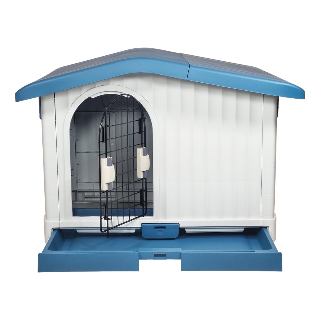 Plastic dog house with Liftable Roof, Ventilation holes, Lockable door, and Slide-out door, Weather-resistant Indoor/Outdoor pet shelter for small to medium breeds, Easy to assemble 88 cm (Blue)