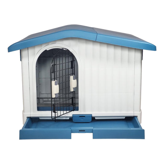 Plastic dog house with Liftable Roof, Ventilation holes, Lockable door, and Slide-out door, Weather-resistant Indoor/Outdoor pet shelter for small to medium breeds, Easy to assemble 88 cm (Blue)