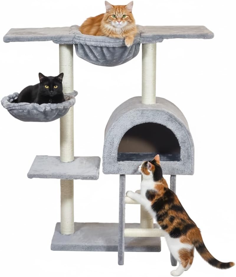 Cat tree with Wide top platform, Hammock, and Natural sisal scratching posts, Cat tower with Multilevel, Cozy Condo, and Climbing ladder, Soft plush material and 100 cm Protect furniture