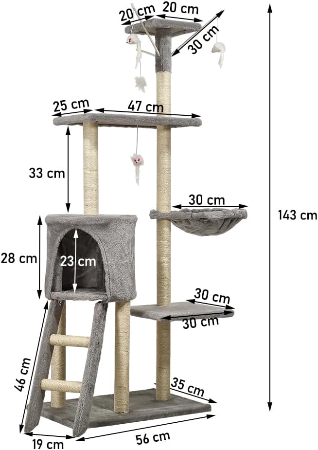 Multi-level cat tree tower for Indoor cats & Kittens, Sturdy activity center with Hanging toys, Sisal scratching post, Cozy Hammock, Plush Condo and Ladder, Easy assembly, 136 cm