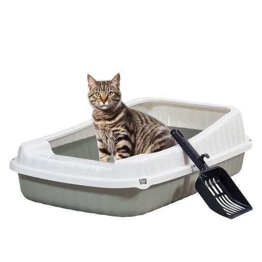 Semi-enclosed cat litter box with Litter scoop, High sides, Grid design, and detachable design, Durable lightweight cat toilet, Suitable for Indoor/Outdoor use, Easy to clean, 59 cm (Grey)