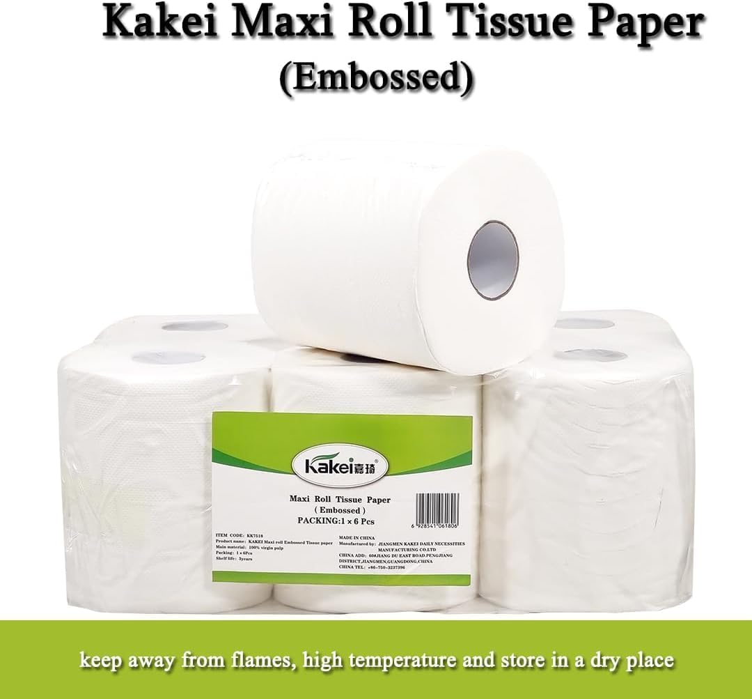Tissue paper with Virgin pulp and Embossed design, Multi-purpose cleaning wipes, Suitable for Home, Restaurant, Travel, and Hotel bathroom, Dust-free toilet paper, 1 Pack of 6 Rolls 53 cm (White)