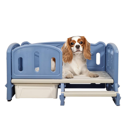 Plastic dog bed with Ladder, Slide-out box, and Anti-Slip Bottom, Water proof pet bed for Small & medium Breeds, Suitable for All seasons, Indoor/Outdoor use, 82 cm (Blue)