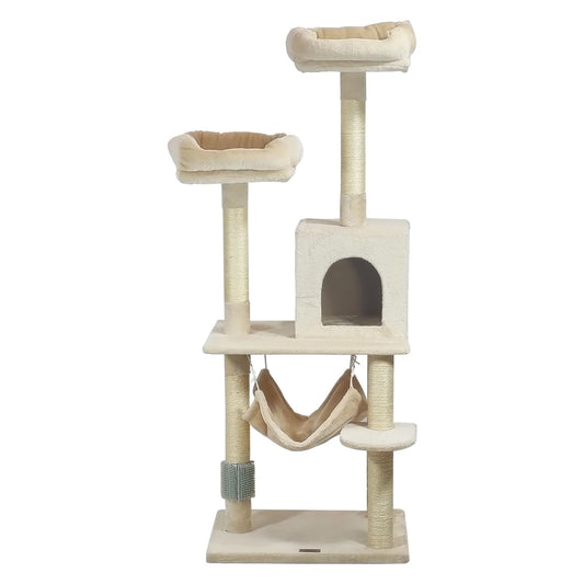 Multi-level cat tree tower for Indoor cats, Cat climbing frame with Double soft perches, Cozy cat condo, Sisal scratching post, Spacious hammock, and Self-grooming brush 145 cm (Beige)