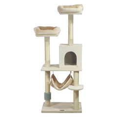 Multi-level cat tree tower for Indoor cats, Cat climbing frame with Double soft perches, Cozy cat condo, Sisal scratching post, Spacious hammock, and Self-grooming brush 145 cm (Beige)