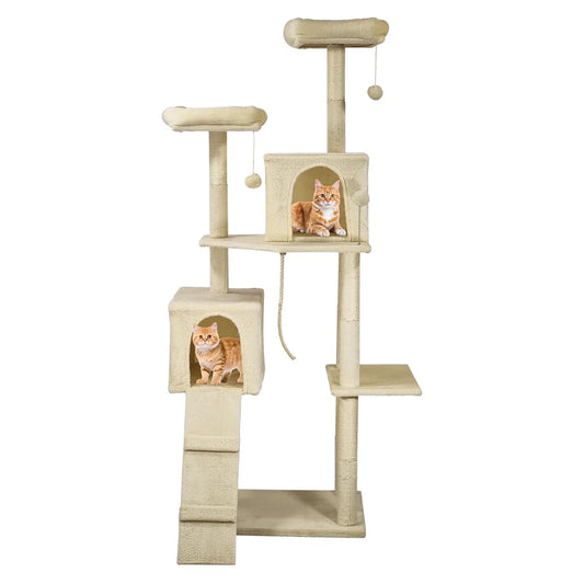 Multi-level cat tree with Padded perch, Dangling ball, Sisal scratching post, Double cat condos, and Climbing ladder, Sturdy cat tree tower activity center for Indoor cats, 180 cm (Beige)