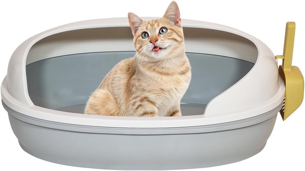 Semi open cat litter box with Durable plastic material, Splash guard, Stable base and Air ventilation design, Pet waste tray with Scoop, high fence, Indoor-outdoor use, and Detachable