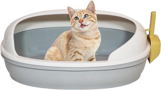 Semi open cat litter box with Durable plastic material, Splash guard, Stable base and Air ventilation design, Pet waste tray with Scoop, high fence, Indoor-outdoor use, and Detachable