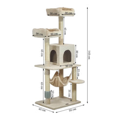 Cat Tree Tower for Big Cats with Double Soft Perches, Cozy Cat Condo, Scratching Post, Spacious Hammock & Self-Grooming Brush, Durable Cat Climbing Frame (Beige, 145 cm)