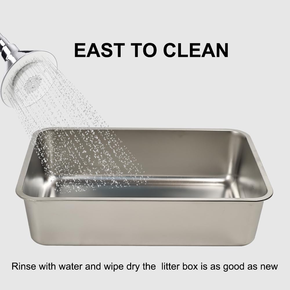 Stainless steel cat litter box with Carrying handle, Smooth edges, and Litter scoop, Rust & Stain resistant cat toilet for Large cats, Ideal for indoor/outdoor use, Easy to clean