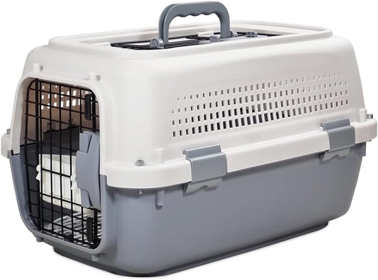 Pet Carrier for Cat & Dog | Cat Carrier with Easy Carry Handle | Metal Front Door & Food Bowl | Sturdy 55 cm Cat Box for Small to Medium Pets | Travel-friendly Indoor & Outdoor Use(Grey)