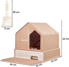 Cat Litter Box with House-Shaped Design - Drawer-Type, Transparent Door, Enclosed Cat Litter Scoop & Cleaning Mat – Splash-Proof & Odor-Control Cat Toilet Box, Easy to Clean