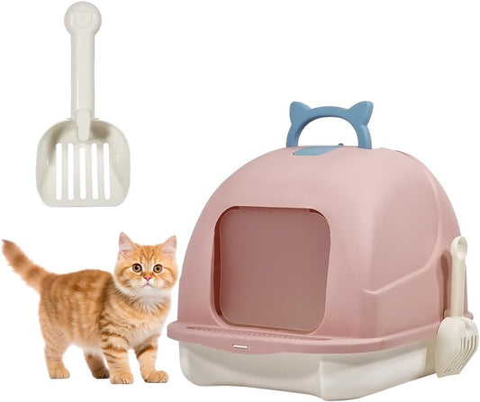 Fully-enclosed cat litter box with Portable handle, Deodorant filter, Sand drop pedal, and Cat litter scoop, Durable Plastic cat toilet, Ideal for indoor/outdoor use, Easy to clean 48 cm