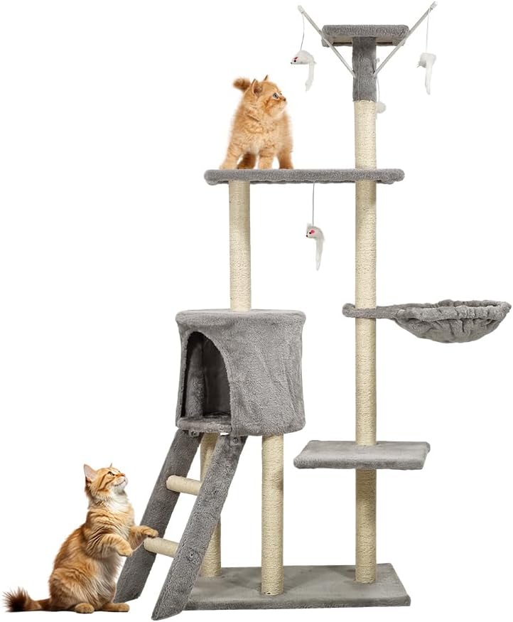 Multi-level cat tree tower for Indoor cats & Kittens, Sturdy activity center with Hanging toys, Sisal scratching post, Cozy Hammock, Plush Condo and Ladder, Easy assembly, 136 cm