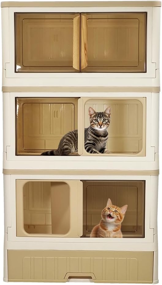 Cat cabinet, Durable 3-layer cat combination litter box with Storage area, Sleeping area, Cat toilet, and Rolling wheels, Durable plastic cat litter box, Ideal for indoor/outdoor use 115 cm