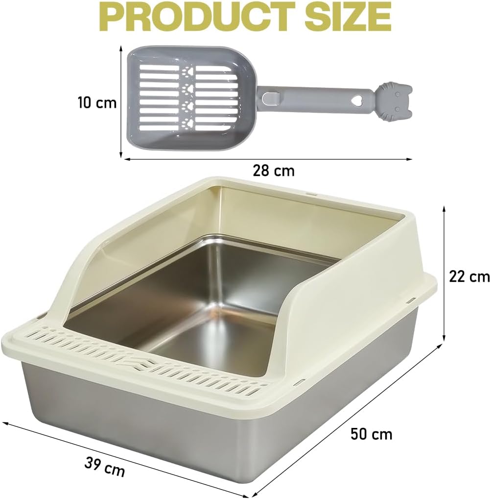 Semi-enclosed stainless steel cat litter box with a Litter scoop, Grid design, and High wall side cover, Durable litter box for Indoor cats, Detachable design for easy cleaning, 50 cm