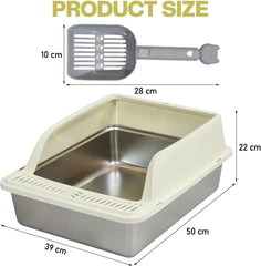 Semi-enclosed stainless steel cat litter box with a Litter scoop, Grid design, and High wall side cover, Durable litter box for Indoor cats, Detachable design for easy cleaning, 50 cm